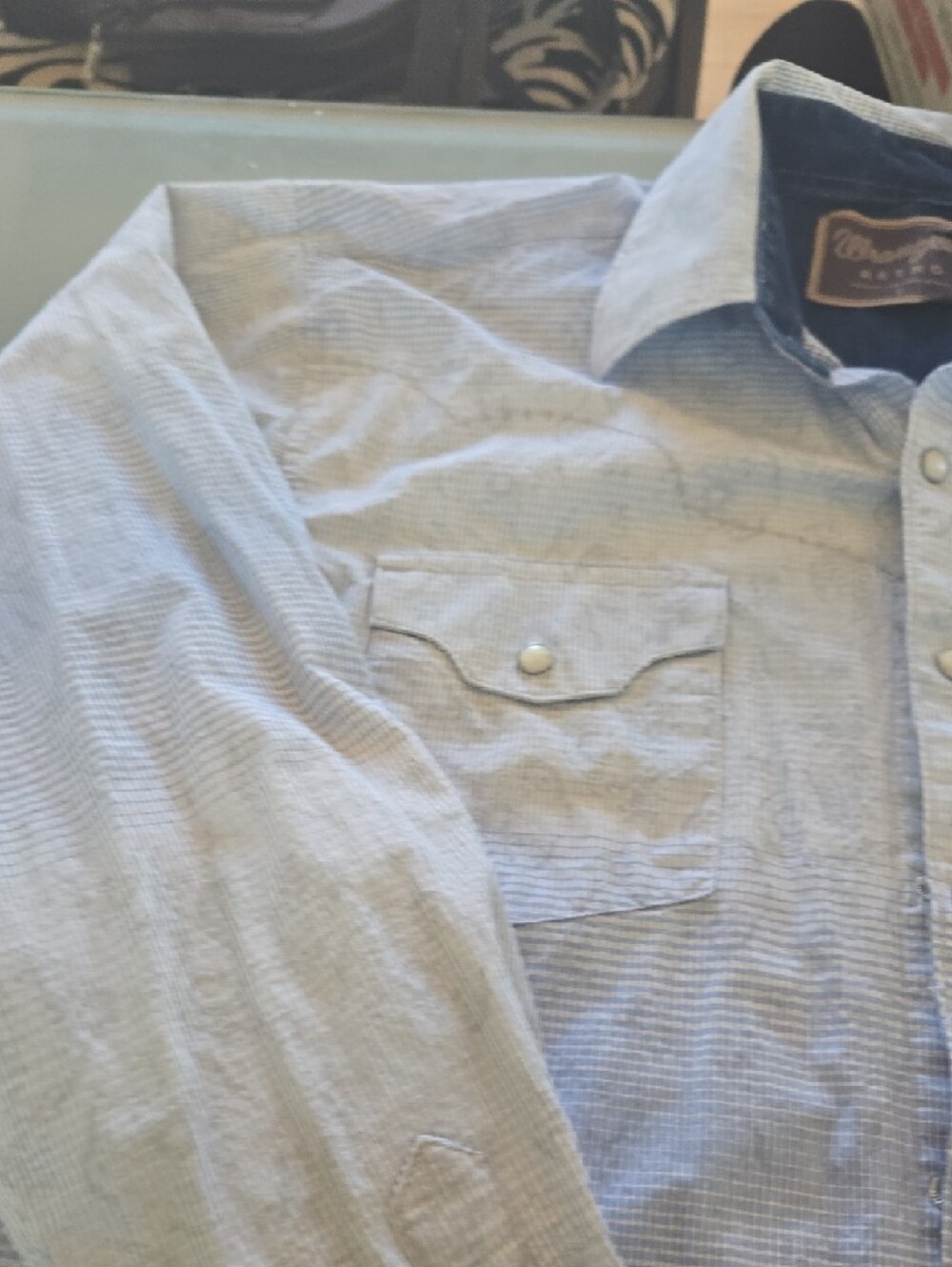 Wrangler Light Blue Check Button-Down Shirt with Dark Blue Accents - Picture 4 of 15